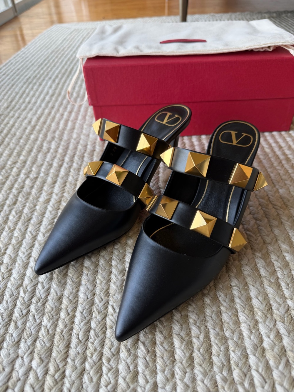 Valentino Black Leather Pointed Slip-On Mules with Gold Pyramid Studs